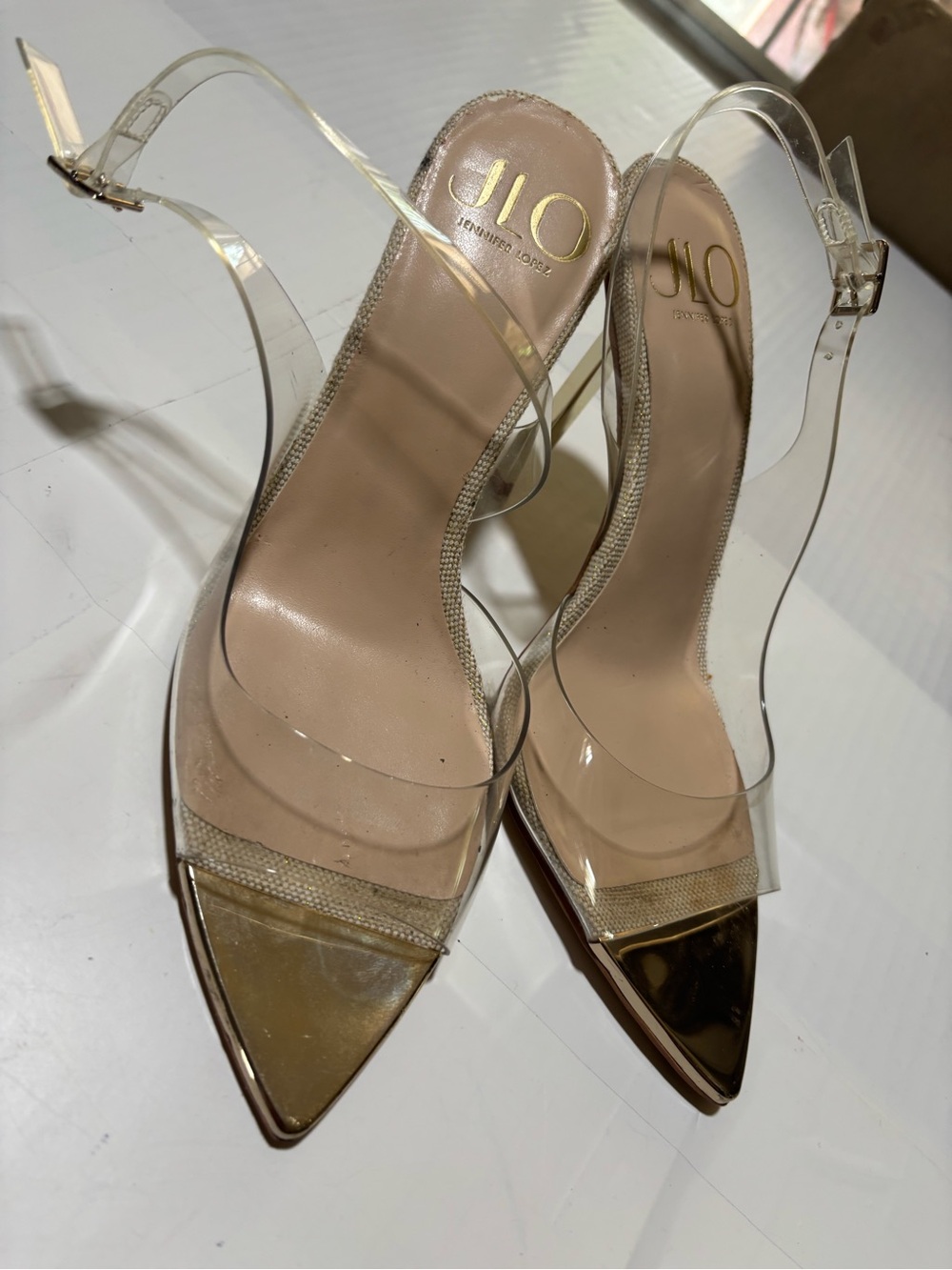 Jennifer Lopez Clear Strap Nude and Gold Stiletto Heels 39 - Picture 6 of 15
